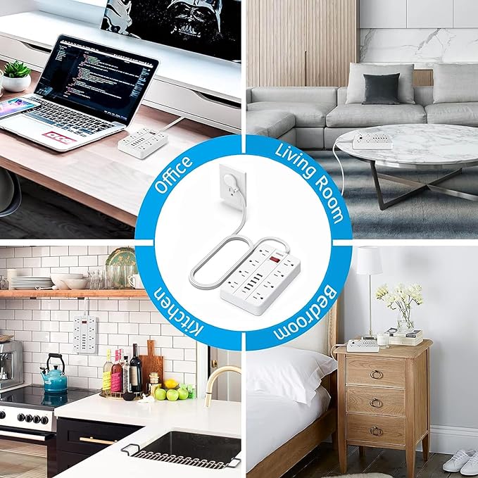 Power Strip with USB,Surge Protector Flat Plug with 8 Widely Spaced Outlets and 6 USB Ports(1 USB C), 5ft Extension Cord Wall Mountable Phone Tablet Laptop Computer Multiple Devices