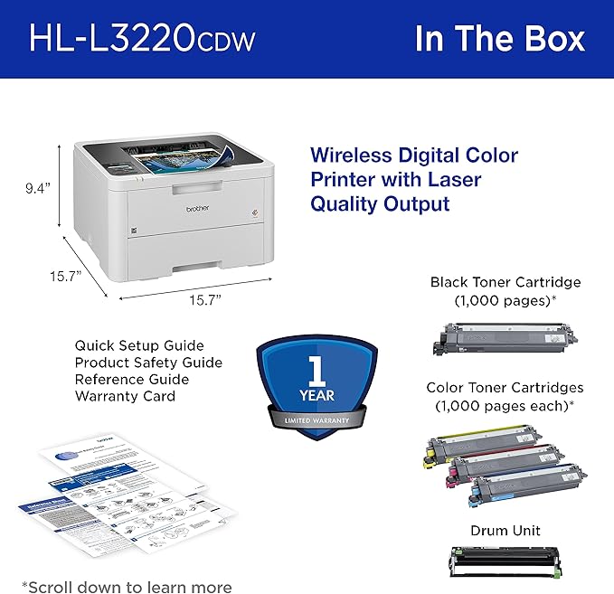 Brother HL-L3220CDW Wireless Compact Digital Color Printer with Laser Quality Output, Duplex and Mobile Device Printing | Includes 2 Month Refresh Subscription Trial¹, Amazon Dash Replenishment Ready