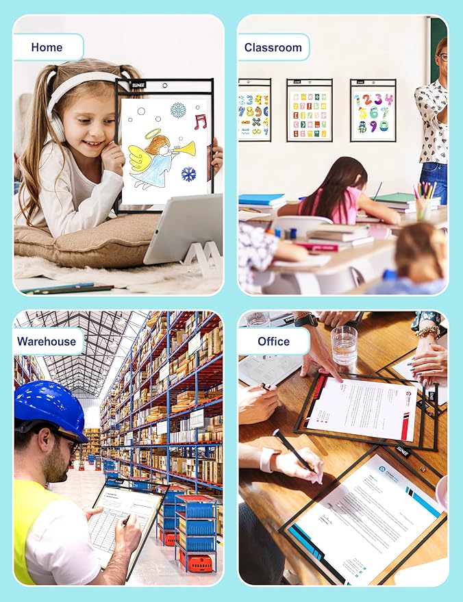 SUNEE 6 Packs Oversized Reusable Dry Erase Pocket Sleeves with Ring, Black 10x14 Ticket Holders, Clear Plastic Sheet Protectors, Teacher School Classroom Supplies