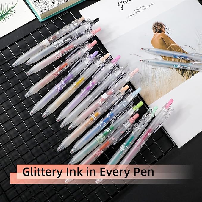 Glitter Gel Pens, 16 Assorted Colors Sparkle Gel Glitter Pens, 0.7mm Fine Tip Retractable Colored Glitter Pens for Adults Journaling Coloring Drawing Doodling (16 COLORS)…