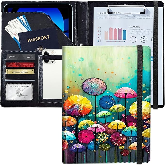 PU Leather Padfolio Folder Clipboard Portfolios Organizer Conference Document Organizer with Business Card Holder Storage Clipboard Writing Pad,Colored Mushroom