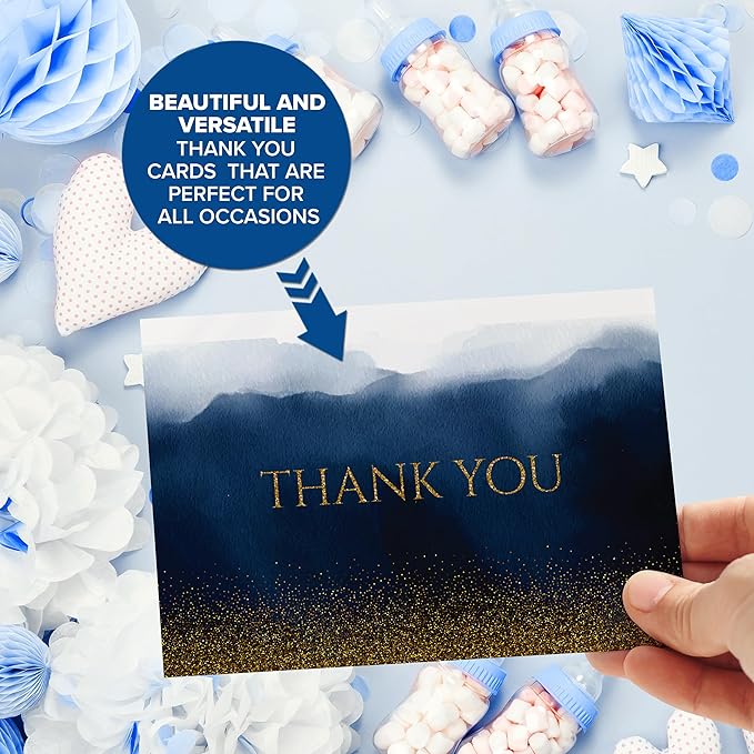 Decorably 24 Pack Glittery 6x4in Blue and Gold Thank You Cards with Envelopes and Stickers, 24 Elegant Designs Navy Blue Thank You Cards, Blank Inside - Birthday, Wedding, Anniversary