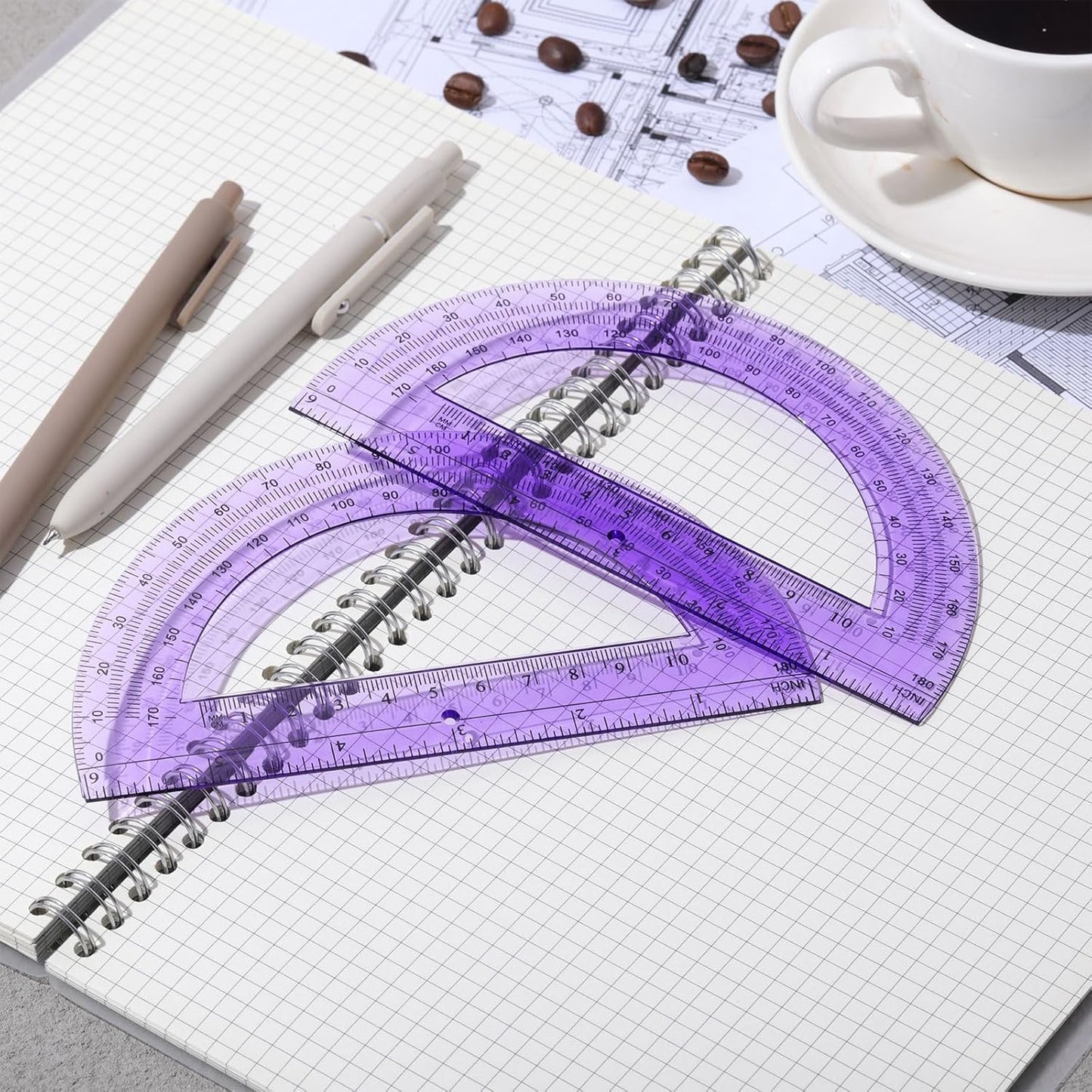 Zonon 2 Pcs 6 Inch Plastic Protractor Math Protractors 180 Degrees Angle Measurement, Translucent for Geometry Classroom Kid Student School Office Supplies(Purple)