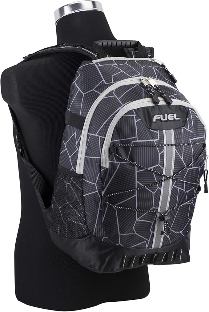 FUEL Hiking Backpack for Women Men Terra Sport, Travel, College, Gym, Work with Laptop Sleeve, Bungee, 18 Inches, Black Geometric