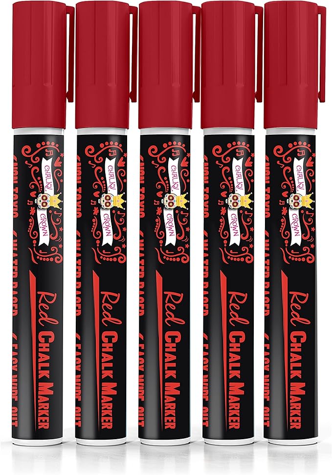 CHALKY CROWN Liquid Chalk Marker Pen - Dry Erase Marker - Chalk Markers for Chalkboard Signs, Windows, Blackboard, Glass - 6mm Reversible Tip (Red, 5 Pack)