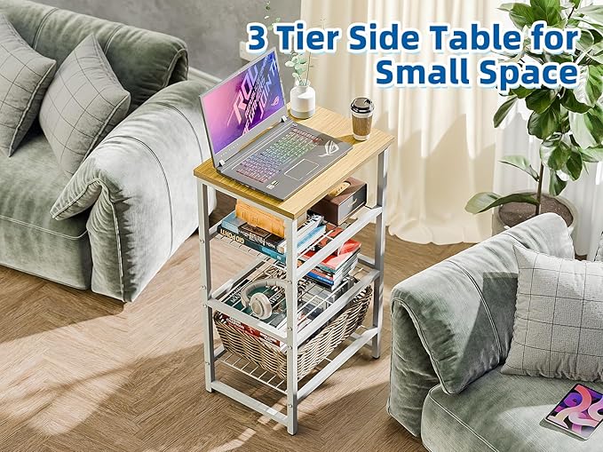 3-Tier Heavy-Duty Printer Stand – Multi-Functional Office Organizer with Wood Top, Perfect for Desk Underneath Storage,White with Burlywood Board