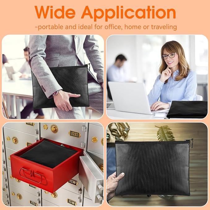 Fireproof Document Bag (10"x13.5" / 2000℉), Fireproof Waterproof Money Bag with Zipper, Premium Fiberglass, Fire Safe Storage for Documents, Passports, Cash, Valuables (Black)