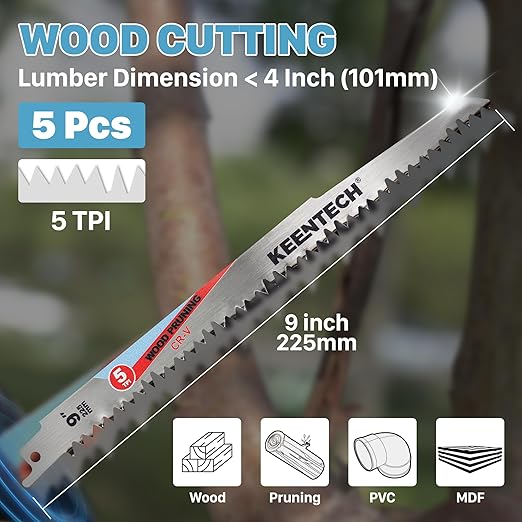 KEENTECH CR-V Sawzall Pruning Blades, 9 Inch 5TPI, with Fleam Ground Teeth for Tree Branch Root Wood, PVC Pipe Cutting, Reciprocating Saw Blade Fast Cutting for Professional, DIYer, Gardener, 5 Pack