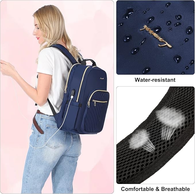 LOVEVOOK Laptop Backpack for Women 17.3 inch,Cute Womens Travel Backpack Purse,Professional Laptop Computer Bag,Waterproof Work Business College Teacher Bags Carry on Backpack with USB Port,Navy Blue