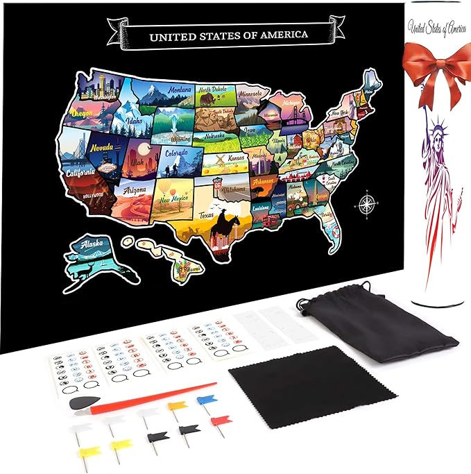 Large 23x16 Scratch-Off USA Map - Hand-Drawn Travel Design with Accessories, Laminated for Home DĂŠcor - Deluxe States Tracker, Road Trip Gift, Perfect for Travelers, Adventure & Geography Lovers
