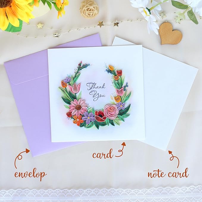 KingKraft Thank You Card, 3D Colorful Greeting Card, Gratitude Artful Floral Quilling Card for Mom, Sister, Friend, Teacher with Envelope Blank Inside