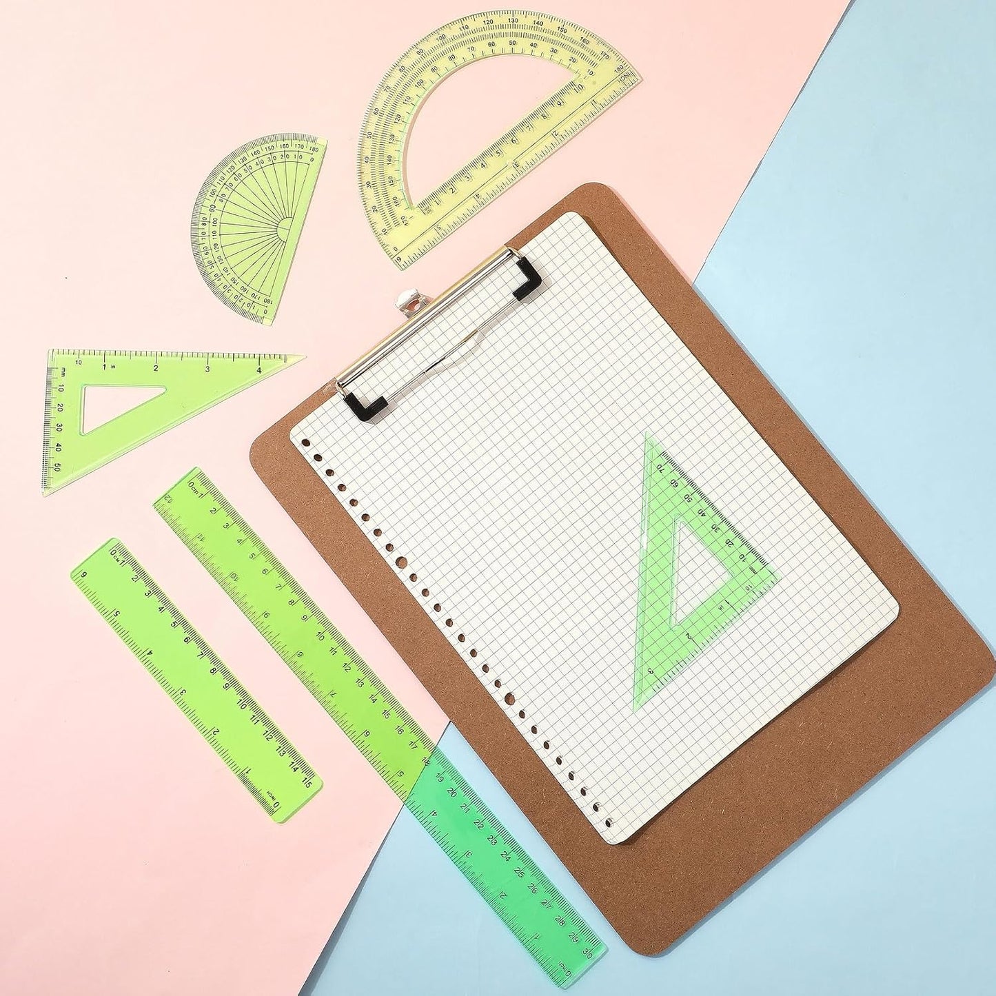 Tenare 1 Set Plastic Clear Math Set Includes Protractor Triangle Rulers 12 Inch 6 Inch Straight Geometry Math Transparent Ruler Measuring Tool for School Office Home Supplies (Green)