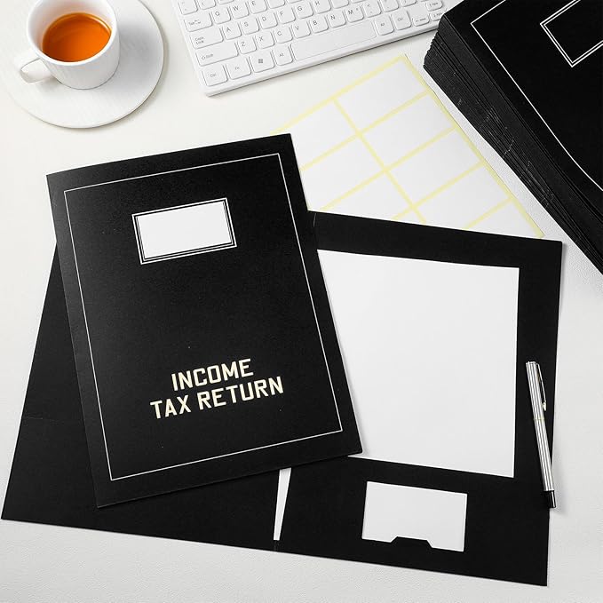 Kisston 50 Pcs Tax Return Folders Bulk 2 Pocket Gold Foil Stamped Income Tax Folders with Blank Labels Business File Office Organizer (Black)