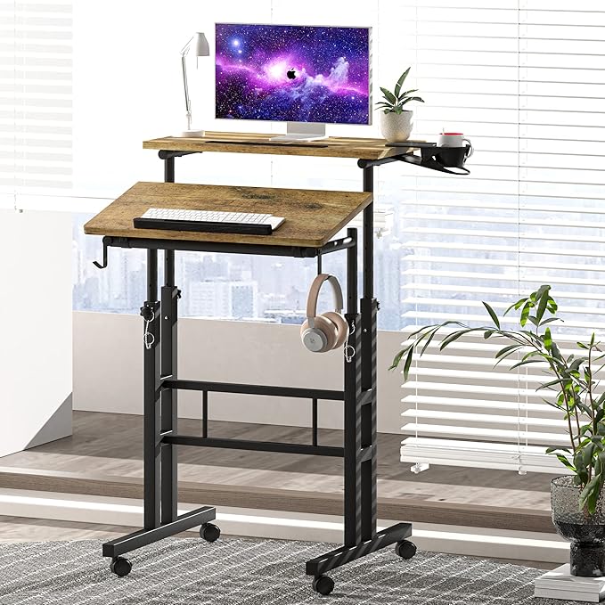 Klvied Rolling Mobile Desk with Cup Holder, Portable, Adjustable Height Small Stand up Desk on Wheels for Home Office Laptop Cart, Computer, Standing or Sitting,Oak