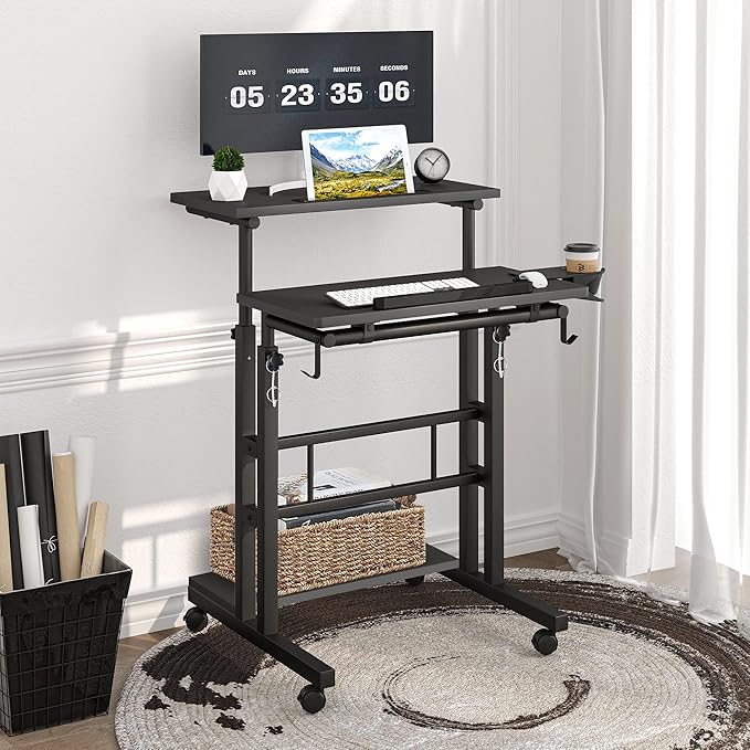 Klvied Mobile Standing Desk with Storage Bottom Shelf, Portable Stand Up Desk with Cup Holder, Adjustable Height Small Standing Desk, Rolling Desk with Wheels, Home Office Laptop Cart, Black