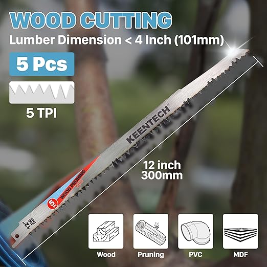 KEENTECH CR-V Sawzall Pruning Blades, 12 Inch 5TPI, with Fleam Ground Teeth for Tree Branch Root Wood, PVC Pipe Cutting, Reciprocating Saw Blade Fast Cutting for Professional, DIYer, Gardener, 5 Pack