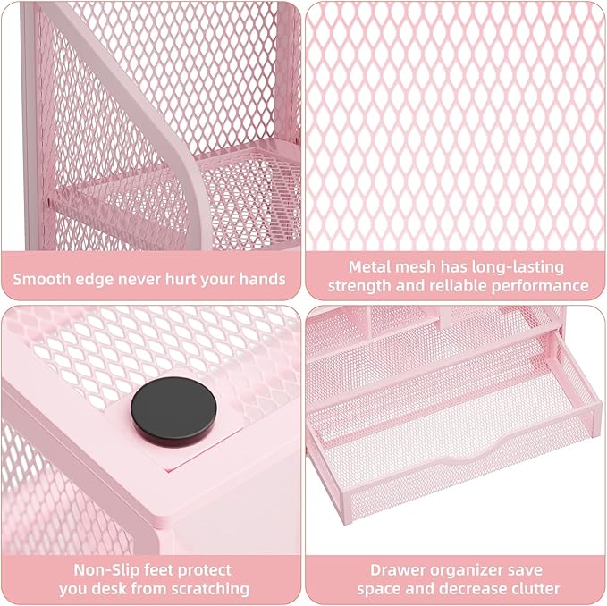 Marbrasse Mesh Pen Holder for Desk, Desk Organizer with Drawer, Multi-Functional Pencil Organizer, Desk Organizers and Accessories for Office Art Supplies (Pink)