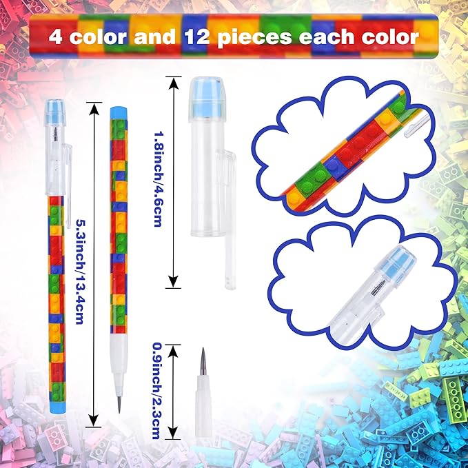 Kolewo4ever 48pcs HB Building Block Pencils Translucent Pencil Multicolor Non Sharpening Pencils Pop Up Plastic Pencils for Exams, School, Office, Sketching Learning Activities