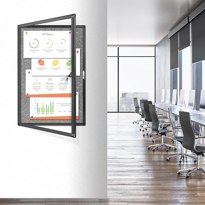 Outdoor Enclosed Bulletin Board, Grey Felt Weatherproof Notice Noticeboard with Clear Acrylic Locking Door, Wall-Mounted Black Aluminum Framed Display Case,36x24in (5xA4)