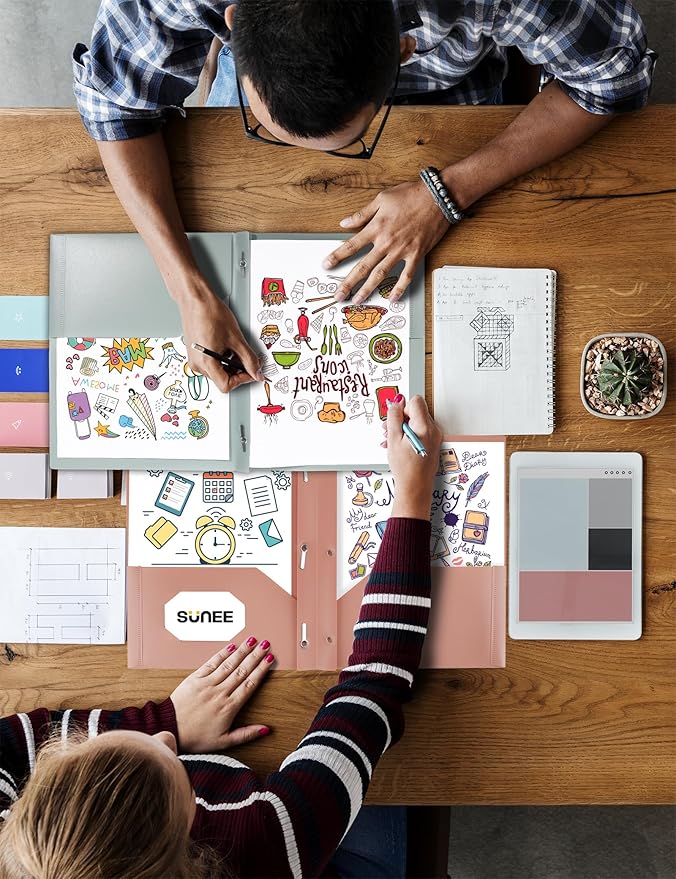 SUNEE 3-Prong Plastic Folders with Pockets (6 Pack, Vintage Colors) 2 Pocket Folders with Fasteners, Tear-Resistant Plastic Pockets, and Fit Letter Size Paper, Use for School Office Home Business