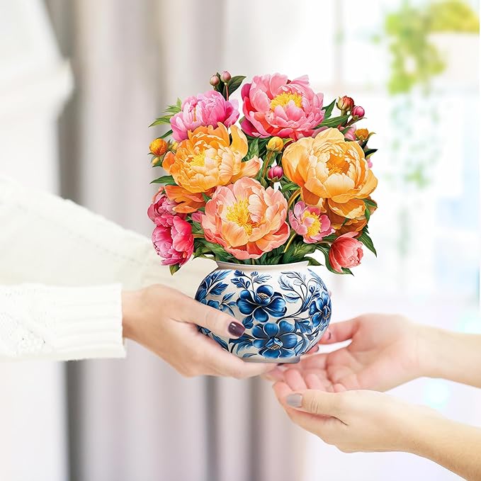 Paper Pop-Up Flower Card, Peony, Forever Flowers Bouquet 3D Popup Greeting Cards, Blank Note Envelope, Birthday Gift Cards, Mother's Day, Holiday Decorations