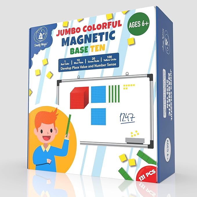 131 PCS Jumbo Magnetic Base Ten Blocks for Math - Place Value Blocks, Base 10 Math Manipulatives K-3, Number Blocks, Math Counters for Kids, Math Cubes, Counting Blocks, Kindergarten 1st 2nd 3rd Grade
