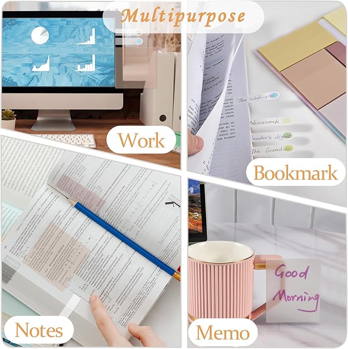 BAYTORY 900 Sheets Transparent Sticky Notes, Clear Waterproof 3 x 3 inch See Through Memo Pad, Self-Adhesive Translucent Writable Index Tabs for Annotating Books, Stationary Supplies