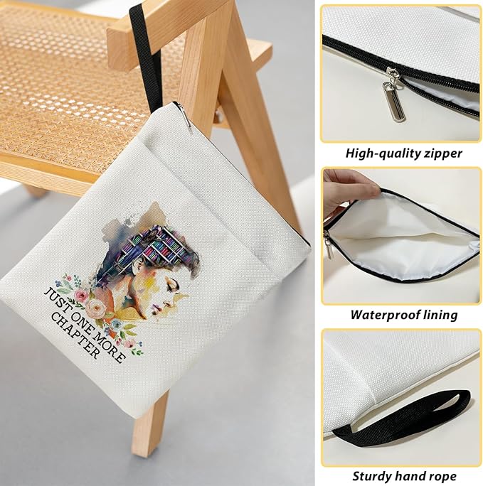 Just One More Chapter - Flowers Book Sleeve, Book Lovers Gifts Book Pouch Book Sleeve with Zipper and Front Pocket Reader Gifts Birthday Gifts for Adult Teen Teacher -09