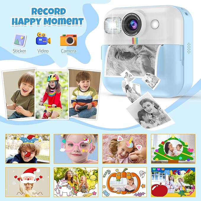 Kid Camera for Boys,Portable Toddler Blue Printing Camera Toy 1080P Video Cameras Children Instant Print Camera for Kids 3 Print Paper & 32G Card Christmas Birthday Gifts(Blue)