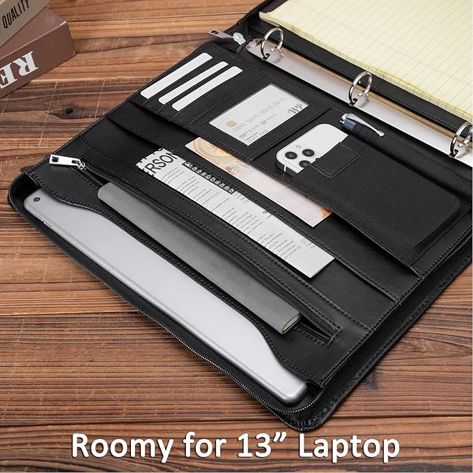 Personalized Leather Portfolio with 3 Ring Binder, Vegan Leather Padfolio Zippered, A4 Notebook Holder Customized Business Folder Organizer Gift for Men and Women, Black