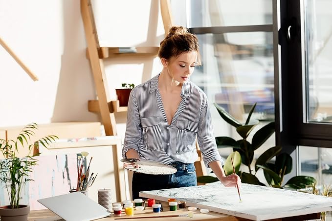 DUGATO Artist Fan Paint Brush Set of 7, White Hog Bristle Natural Hair Anti-Shedding Brush Tips, Long Wooden Handle for Comfortable Holding, Great for Acrylic Watercolor Oil Painting