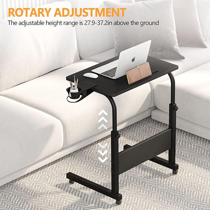 Klvied Standing Desk Adjustable Height, Stand Up Desk with Cup Holder, Portable Laptop Desk, Mobile, Small Computer Desk, Bedside Table, Black Rolling Desk, Work Desk for Home Office