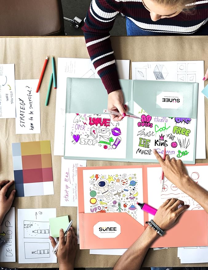 SUNEE Folders with Pockets (6 Pack, Vintage Colors), Plastic Folders with Pockets, Poly Folders for Documents Letter Size, 2 Pocket Folders for Kids, Home, School, Office