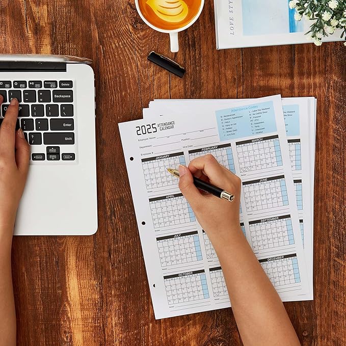 Gueevin 50 Sheets 2025 Attendance Calendar 8.5x11 Inch Attendance Calendar Cards Work Employee Tracker for 3 Hole Binder Folders Time Cards for Employee Office Manager Hr Record(Blue)