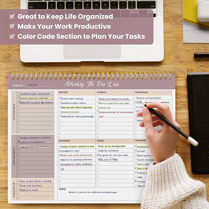 Weekly To Do List Notepad with 52 Undated Sheets(8.5"×11")- Undated Weekly Planner Notepad for Office Desk Accessories and Supplies - Midnight Lilac
