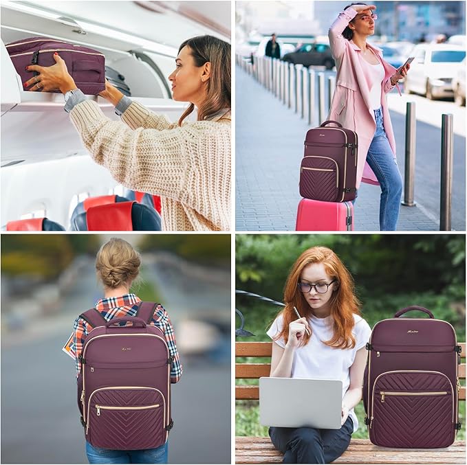 Travel Backpack for Women, Carry On Backpack for Airplanes Flight Approved, Waterproof Large Weekender Overnight Bag Fit 17 Inch Laptop with USB Charging Port, Dark Purple