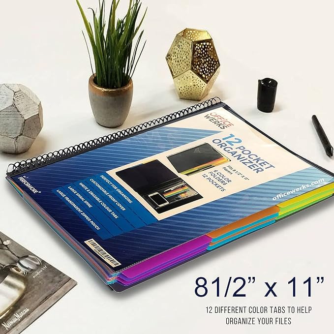 Performore - 12 Pocket Spiral Subject Organizer with 6 Dividers, Folder Organizer Binder with Front Cover Pocket and Customizable Cover, Erasable Write On Tabs for Documents Files Projects