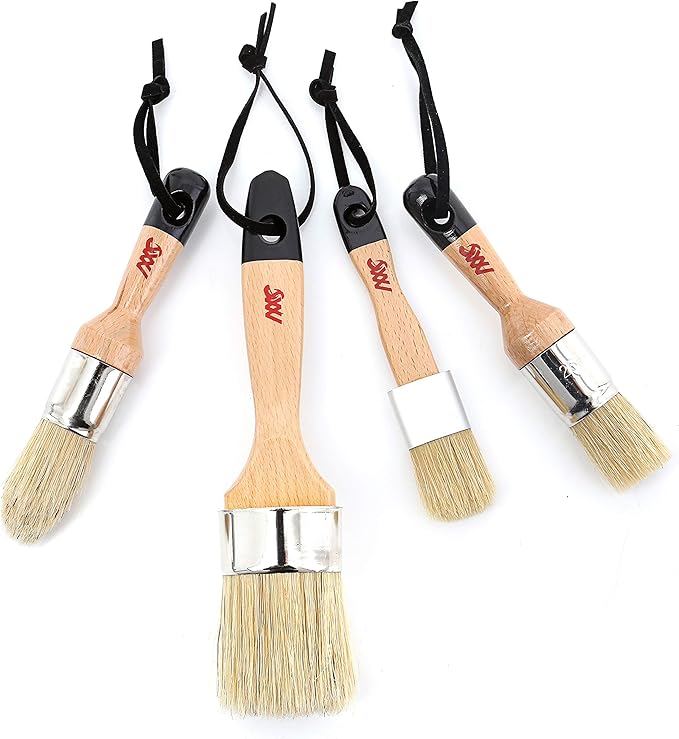 Chalk Wax Paint Brush 4PCs Set Including 3 Small for Furniture Painting and 1 Large Bristle Paint Brushes Set Compatible with Annie Sloan Paint, Fusion Mineral Paint