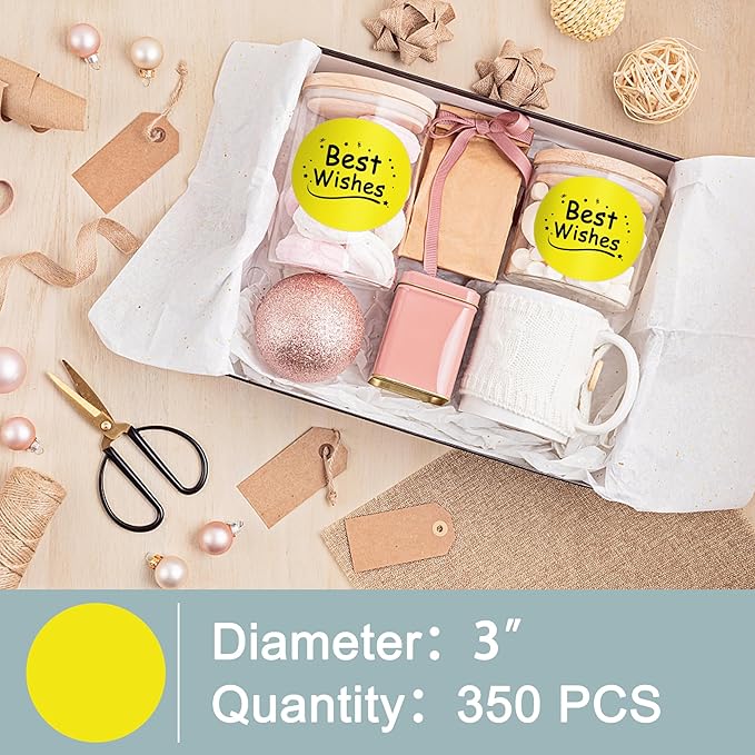 Hybsk 3 inch Circle Color Direct Thermal Stickers Shipping Labels for Barcodes,Name Tag,DIY Logo Design,QR Code,Inventory– Compatible with Zebra,Rollo,Munbyn,and More-350 pcs (3 inch,Yellow)