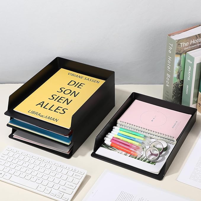 Wenqik 4 Pcs Stackable Paper Trays Rectangular Plastic Desk Tray Holder Desktop Document File Paper Organizer Plastic Storage Letter Tray for Office Classroom, Black