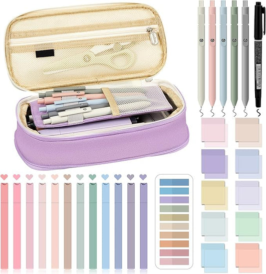 Jutom 39 Pcs Aesthetic Book Annotation Kit Pencil Case Bag with Highlighter Gel Pen 700 Sheets Transparent Sticky Notes Pads Index Tab Bible Study Supplies for School(Purple,Cute Style)