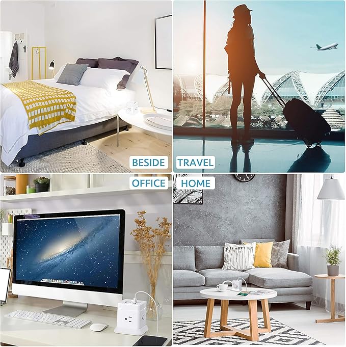 BEVA Power Strip with USB - 10ft Long Extension Cord with 4 Widely Spaced Outlets and 3 USB Ports Cube Desktop Charging Station, Overload Protection, Compact for Travel, Cruise Ship and Dorm