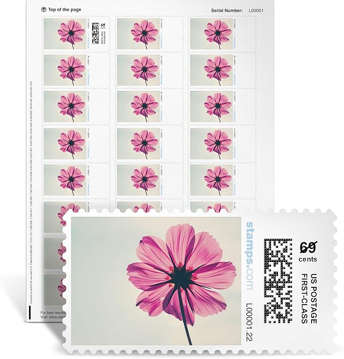 Pink Cosmos NetStamps 120-Pack (5 Sheets) Printable Postage Labels (Stamps.com Subscription Required) - Print Approved Postage - Inkjet & Laser Printers - Business, Personal, Home