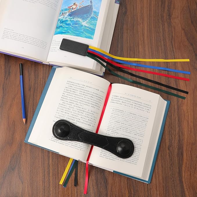 KINIVA Leather Weighted Bookmarks Book Weight Page Holder for Reading,Book Open Holder for Adult,Gifts for Reader (01 Weighted Bookmark+13 Ribbon Bookmark Black)