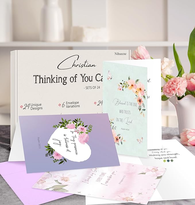 24 Pack Floral Christian Thinking of You Cards with Self-adhesive Envelopes, 4"x6" Boxed Blessing Religious Note Cards with Sentiments Inside, 24 Bible Verses, 24 Desiqns