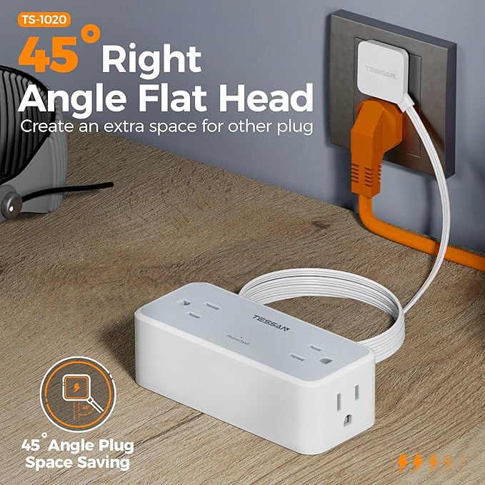 Surge Protector Power Strip, TESSAN Flat Plug Extension Cord 10 FT with 4 Wide Spaced AC Outlets, 900J Protection, Wall Mountable Charging Station for Home Office School Dorm Room Essentials