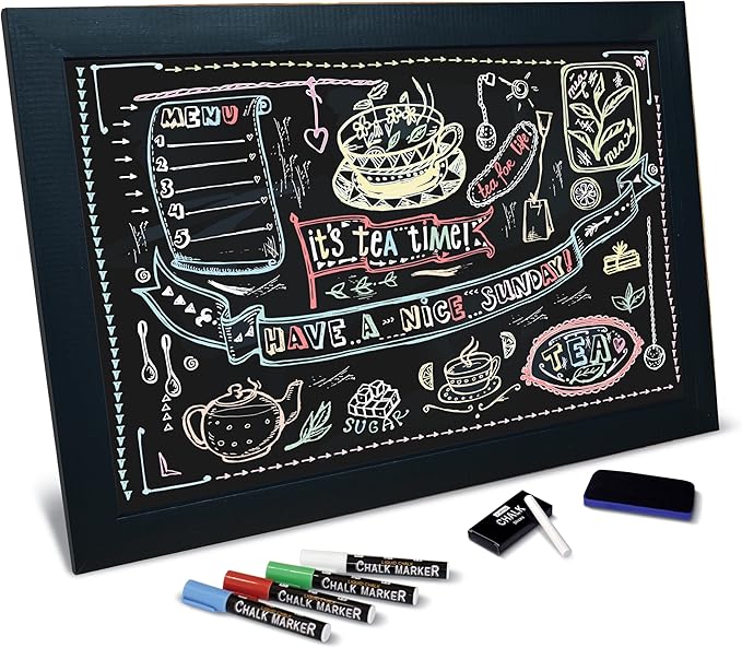 Magnetic Wall Chalkboard, Extra Large Size 20" x 30", Wood Frame, Chalkboard Sign, Vertical or Horizontal Wall Mount, Includes 4 Chalk Markers, Chalk & Eraser, by Better Office Products (Solid Black)
