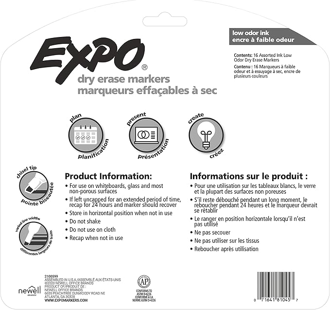 EXPO Low Odor Dry Erase Markers, Chisel Tip, Assorted Colors, 16 Count