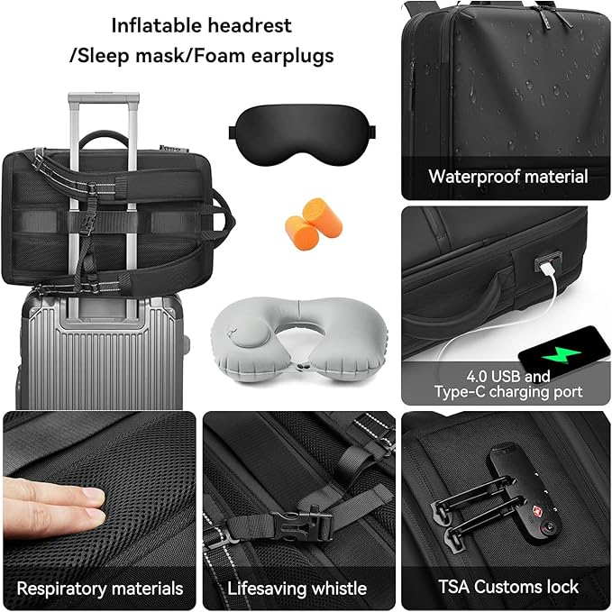 Fiordpack, 70L Vacuum Backpack Travel with Pump, Charging Port, Inflatable Pillow, Sleep Mask&Earplugs, Expandable Vacuum Seal Compression Travel Backpack for 19" Laptop, Airline Approved
