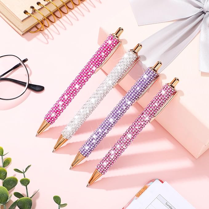 Ireer 4 Pcs Bling Rhinestone Sparkly Pens for Women Diamond Ink Crystal Glitter Metal Ballpoint Bedazzled Fancy Pens 4 Pcs 1.0mm Refills(Pink Series Color)